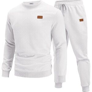 Men's 2 Piece Sweat suit Jogging Suit Set Long Sleeve Jacquard Shirt White
